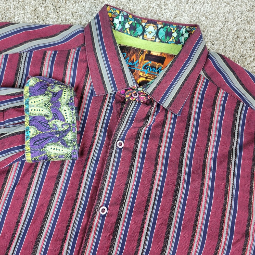 Robert Graham Mens Large Red Striped Button Up Long Sleeve Flip Cuff